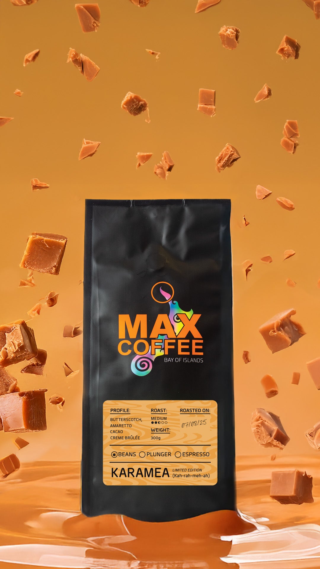Max Coffee Karamea blend bag on a caramel background with crumbled caramel fudge raining down on it